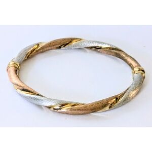 Vintage Italy Signed Sterling 18kt Tri Color Gold Twisted Hinged Bangle Bracelet